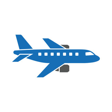 Blue jet airplane flying, simple silhouette with windows and engines, aviation icon