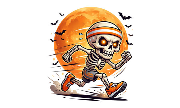 Energetic Running Skeleton Mascot with Burning Orange Eyes