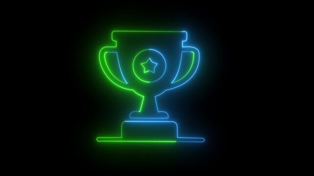 Glowing neon trophy animation, light winner cup symbol for success and achievement on Black Screen