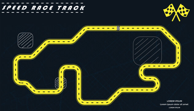 Road track or Race track in yellow color isolated on dark background with a street map.