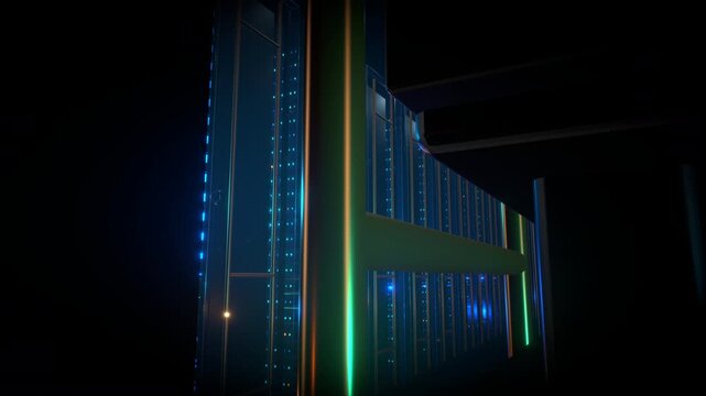 Wide precise cinematic focus push penetrating a massive data center featuring a submerged industrial computing environment inside a narrow gap between active rack blades.