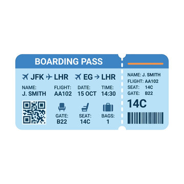 Isolated airline boarding pass with flight details, QR code, and seat assignment, travel document element