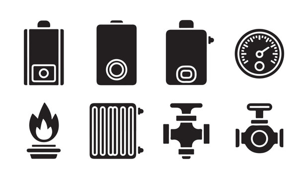 Gas boilers heating system icons and temperature monitoring gauges for domestic comfort.