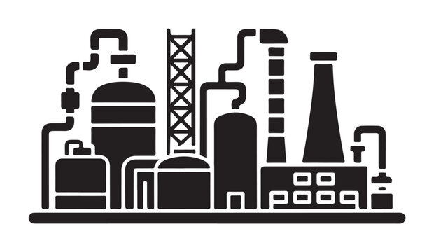 Industrial oil refinery plant flat vector icon showing distillation towers and pipelines.