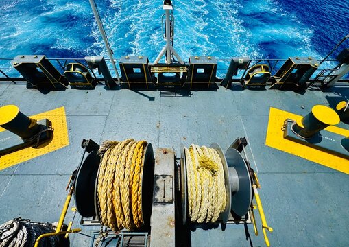 Heavy duty mooring winches fitted with synthetic mooring lines on the stern deck of a cargo vessel, illustrating professional maritime operations and commercial shipping activities