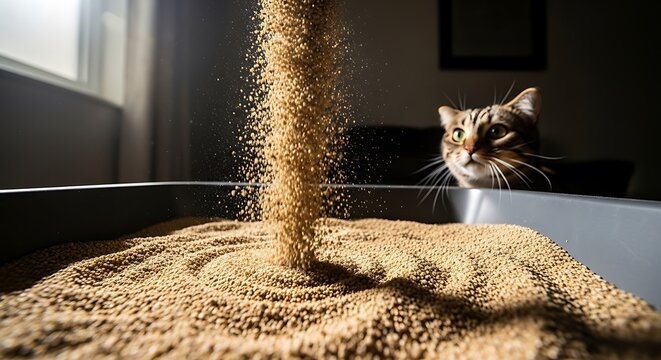 Curious cat playing with sand pile.