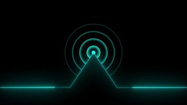 Glowing neon line animated by radio wave animation on a black screen background. Radio wave tower connective network and signal waves. Radio waves signal animation..