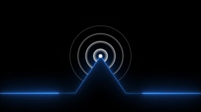 Glowing neon line animated by radio wave animation on a black screen background. Radio wave tower connective network and signal waves. Radio waves signal animation..
