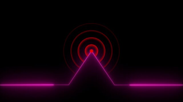 Glowing neon line animated by radio wave animation on a black screen background. Radio wave tower connective network and signal waves. Radio waves signal animation..