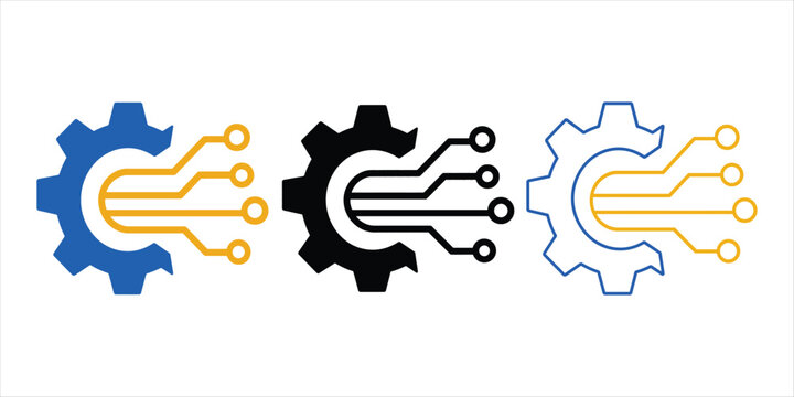 Smart Technology Gear Icon Set With Circuit Board Traces In Blue Yellow Black And Outline Styles Vector Logo Collection