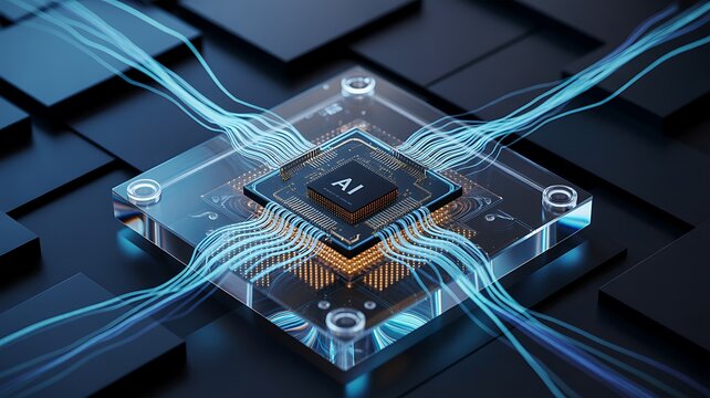 Artificial intelligence chip with glowing blue data streams representing high speed processing and machine