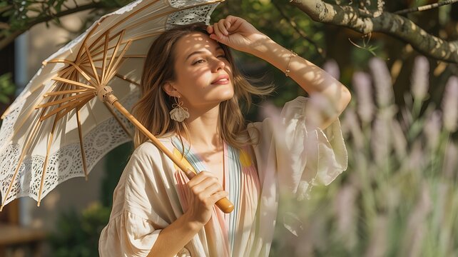 Elegant young woman holding a vintage lace parasol in a sunlit garden during a peaceful summer afternoon.