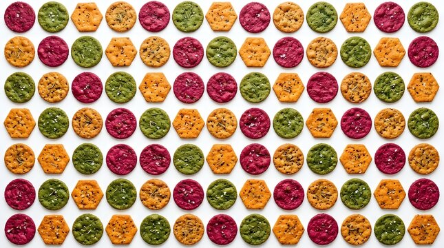 Top view of a neat pattern of colorful vegetable crackers in round and hexagonal shapes on a white background.