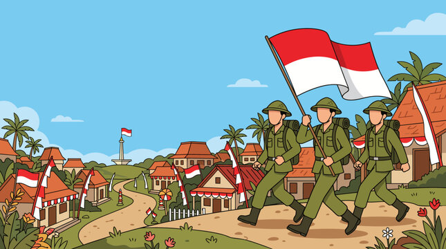 Indonesian Independence Day vector illustration, heroic military soldiers marching and carrying big national flag in traditional village background, August 17th freedom day concept.