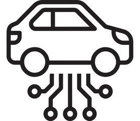 Fototapeta premium Black and White Vector Line Art Illustration of a Connected Car Icon with Circuit-Like Wheels and Engine Nodes