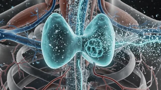 Thyroid gland releasing hormones into bloodstream near kidneys and blood vessels