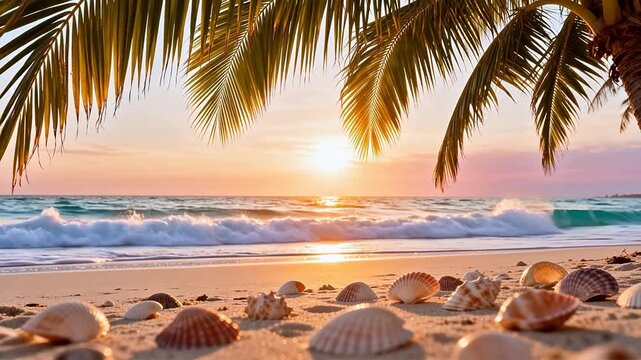 Beach with seashells and palm leaves