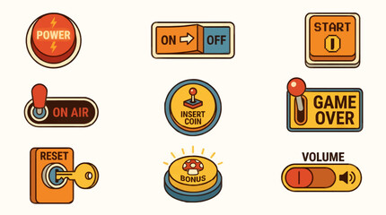 Retro Arcade Game Interface Icons: Power, On/Off Switch, Start, On Air, Insert Coin, Game Over, Reset Key, Bonus Mushroom, and Volume Slider, Flat Design Vector Illustration © sus