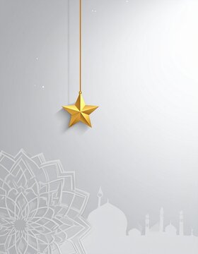Golden star ornament hanging on string with mosque silhouette and mand
