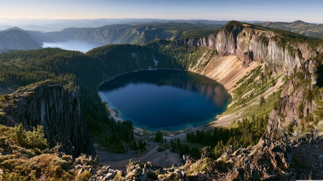 Panoramic Aerial View of Ancient Volcanic Caldera Surrounded by Lush Greenery and Scenic Landscape