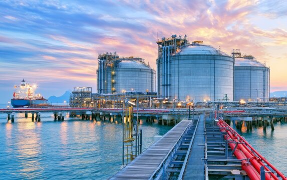 Industrial liquefied natural gas receiving terminal during sunset with ships and containers in background