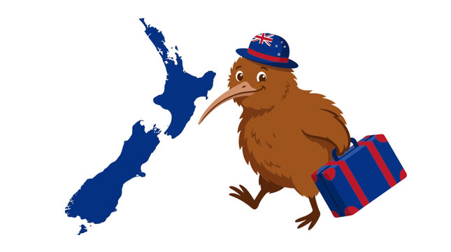 Kiwi Bird Character Traveling from New Zealand with Suitcase and Hat