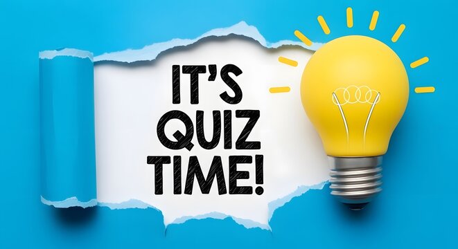 Its quiz time text with a glowing yellow light bulb on a torn blue paper background