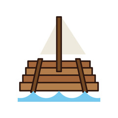 Simple cartoon ancient Egyptian sailing ship with wooden hull and white sail on blue water, flat design vector illustration © Liam