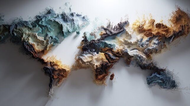 3D topographic relief map of stylized world landscape.