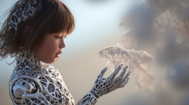 Child in white intricate exoskeleton holding glowing bio-matter.