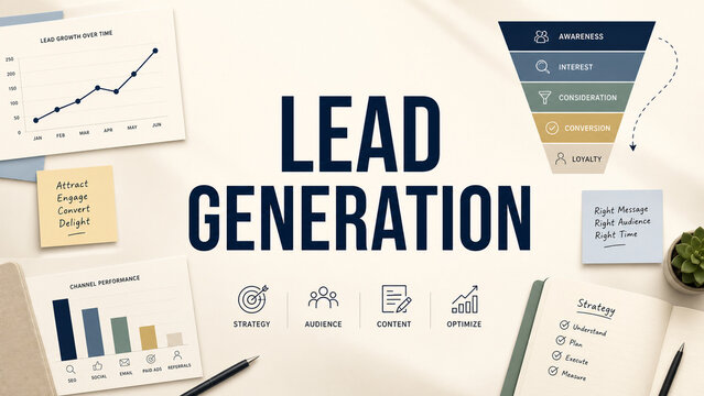 Business marketing concept with lead generation text, sales funnel, charts, strategy notes, and performance icons on a clean desk layout.