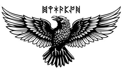 Black and White Raven Illustration with Viking Runes © kiki__