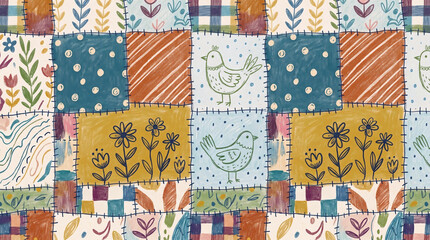 Fototapeta premium Colorful Patchwork Quilt Fabric with Floral and Bird Patterns in a Rustic Style