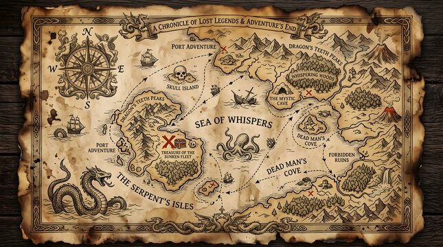 Vintage treasure map on weathered parchment with islands and monsters