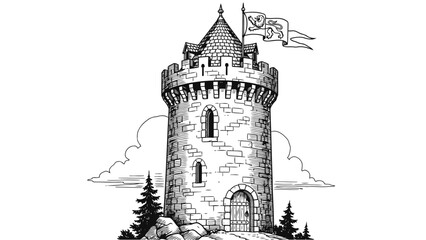Obraz premium Medieval Stone Tower Illustration with Flag and Forest Landscape