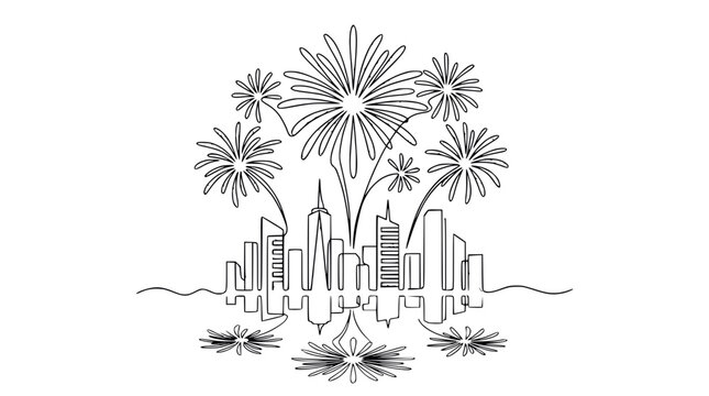 Continuous line drawing of fireworks exploding over a city skyline with reflections.