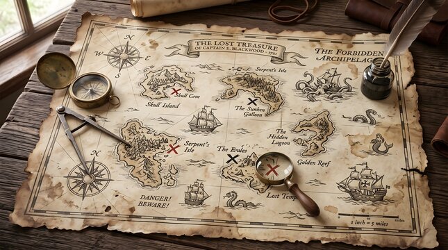 Vintage pirate treasure map with compass and magnifying glass