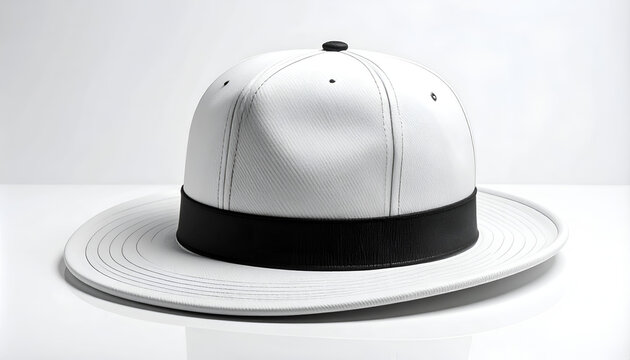 Classic White Cricket Cap with Black Band on White Background.