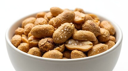 Fototapeta premium A white ceramic bowl filled with roasted and salted peanuts isolated on a white background.