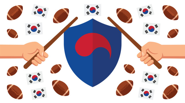 South korean sports identity featuring american footballs and defensive shield in minimalist flat vector for global athletic branding