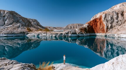 Obraz premium Solitary Explorer at Serene Destination Overlooking Crystal Clear Blue Water and Rocky Landscape