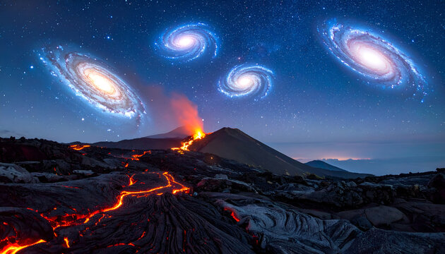 Volcanic Eruption Under a Starry Sky Filled with Galaxies.