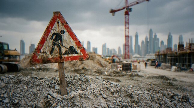A close-up of a dirty, weathered road construction warning sign placed in a pile of gravel at an active building site with a city skyline and a tower crane in the background.