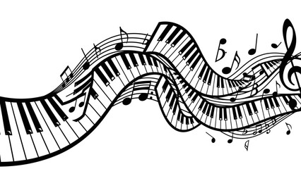 Abstract Wavy Piano Keyboard with Musical Notes Illustration © kiki__