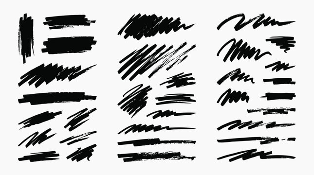 Black highlighter brush stroke lines set for underline banners, dry paint marker stripes, rough grunge ink smears and bold hand drawn highlight elements, Grunge paint lines

