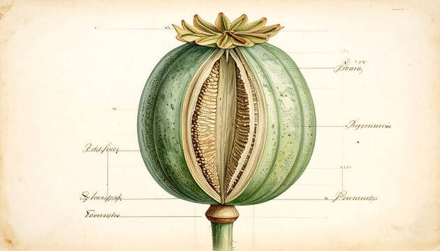 Vintage Botanical Illustration of a Ripe Poppy Seed Pod with Detailed Anatomy.