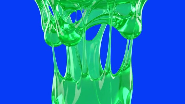 A vibrant green slimy liquid dripping and stretching downward in thick gooey strands, set against a bright blue studio backdrop. Great for Halloween promo videos, slimy liquid visual effects, kids com