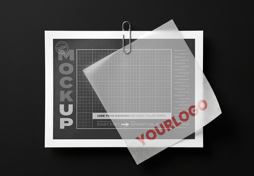 Horizontal Paper with Tracing Paper on Top with Clip Mockup