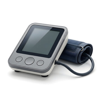 Digital blood pressure monitor with cuff on white surface isolated on white background