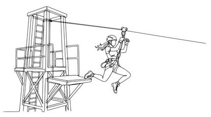 Woman ziplining from tower, active lifestyle, adventure sport, line drawing © Free Account